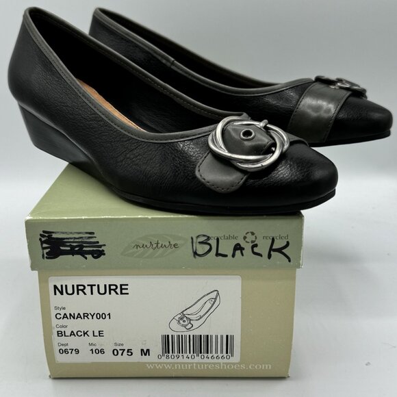Nurture Canary 001 Black Wedge Heel Buckle Accented Shoes, Size 7-1/2 M With Box - Picture 2 of 9